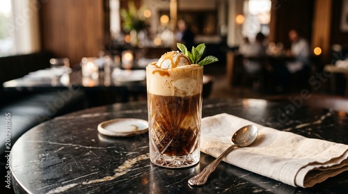 Elegant gourmet root beer float served in crystal glass with artisan vanilla bean ice cream, caramel foam topping, dark marble table,