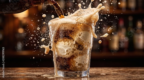Ultra close-up macro shot of root beer being poured into a glass with vanilla ice cream, explosive carbonation bubbles