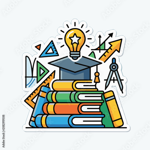 Stack of books with graduation cap and lightbulb symbol