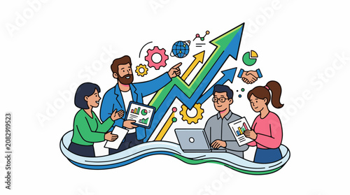 Team collaboration and upward trending business growth