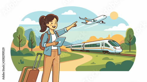 Woman with luggage plans travel by train and plane