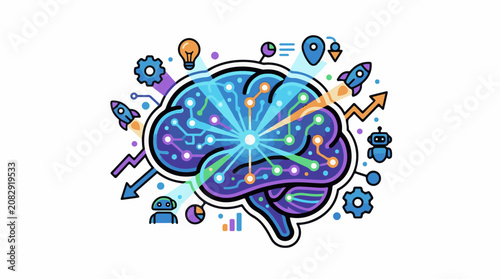 Stylized brain with circuits robots rockets and gears symbolizing innovation