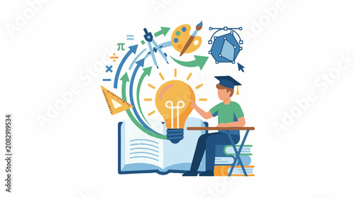 Student with graduation cap and books gaining knowledge via lightbulb