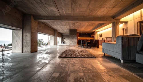 Modern Luxury Living Room with Panoramic Views and Concrete Architecture.