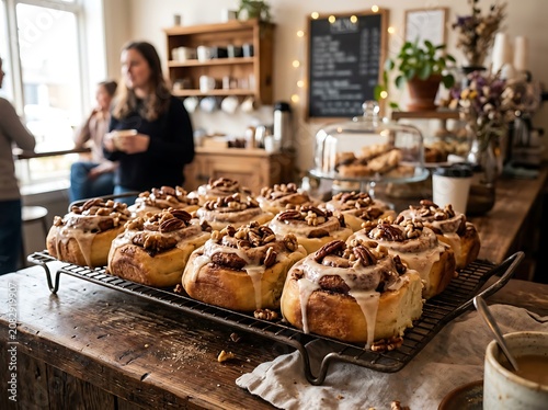 Freshly Baked Cinnamon Rolls in Cozy Cafe Setting.