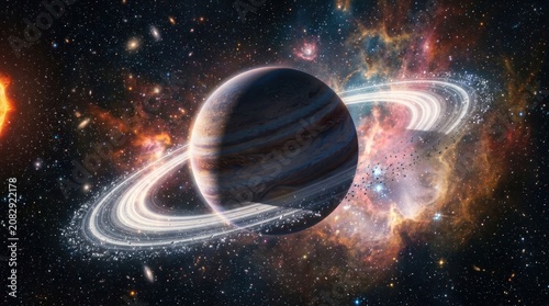 Majestic Ringed Planet Saturn Illuminated by Distant Star in Cosmic Nebula.