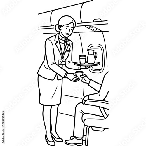 Flight attendant serving drinks to seated passenger.