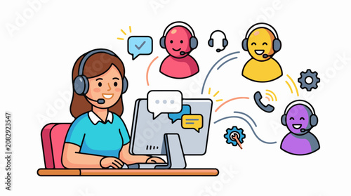 Diverse team collaborating via computer and headphones