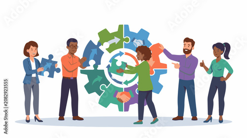 Diverse team connecting puzzle pieces to form a gear