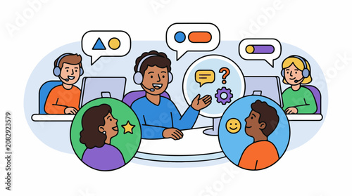 Diverse team communicating and assisting through virtual channels