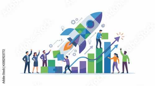 Diverse team launches rocket amidst upward growth charts and puzzle pieces