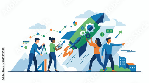 Diverse team launches rocket ship symbolizing business growth and innovation