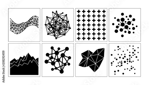 Abstract Geometric Network & Data Visualizations, Minimalist Black and White Icons, Science & Technology Concepts
