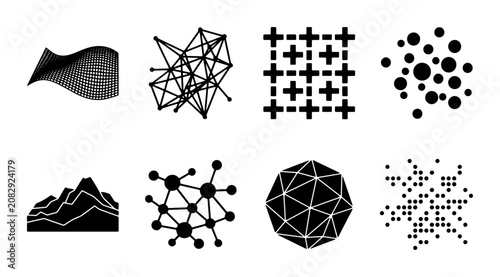 Abstract Geometric Shapes, Network Nodes, Data Visualization Icons, Modern Digital Art Elements