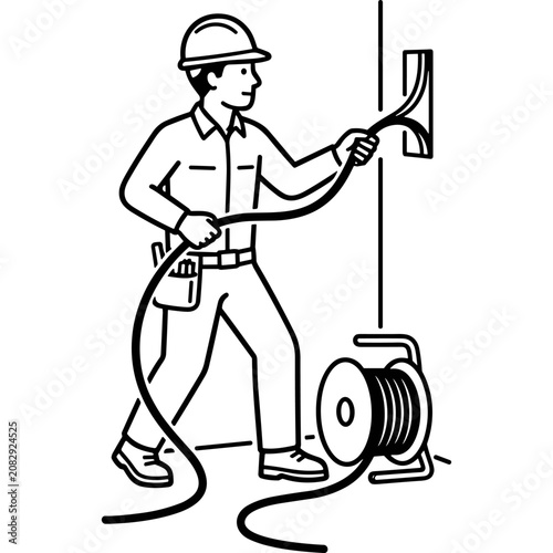 Worker pulling electrical cable through wall line art.