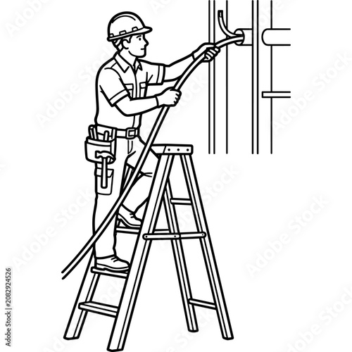 Worker on ladder performing wall maintenance line art.