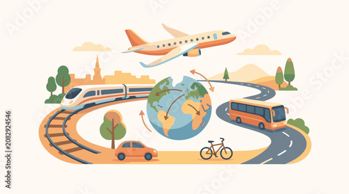 Diverse transportation modes circle a stylized Earth illustration