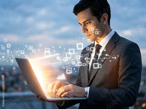 Businessman using futuristic holographic technology outdoors.