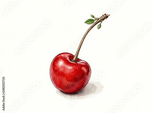 Single Fresh Red Cherry with Green Stem.
