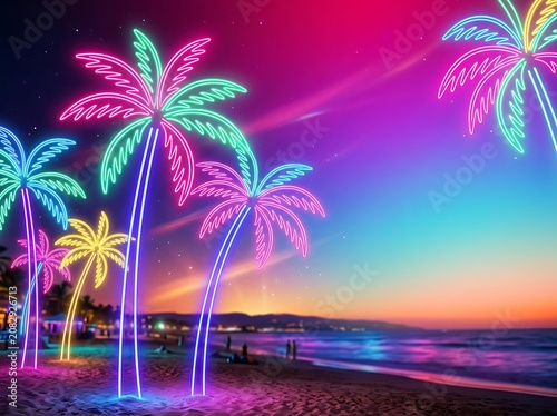 Vibrant tropical plants glowing under neon lights.