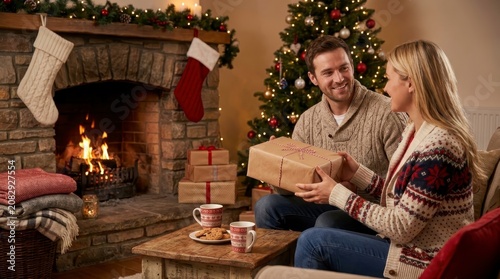 Couple exchanging Christmas gift by cozy fireplace