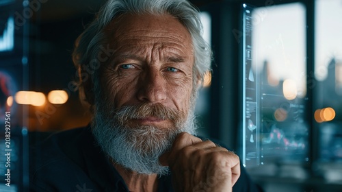 Business executive using artificial intelligence analytics, holographic charts and digital data interface, futuristic corporate environment, smart decision making concept, realistic commercial photo, 