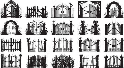Schilderij op canvas Cemetery gate vector silhouettes set featuring gothic wrought iron fences for spooky graveyard backgrounds