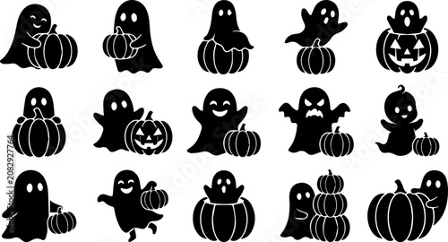 Cute Halloween Ghost with Pumpkin Vector Collection