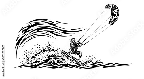 Tribal style kitesurfer riding a massive ocean wave
