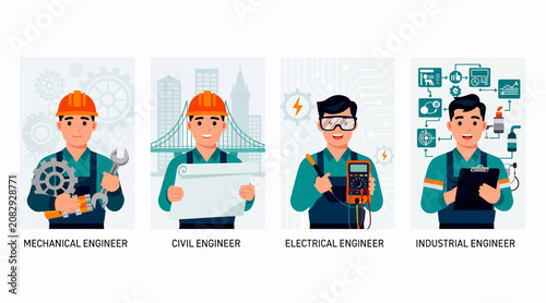Diverse Engineers: Mechanical, Civil, Electrical, Industrial Concept Art