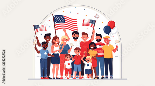 Diverse family and friends celebrate with American flags