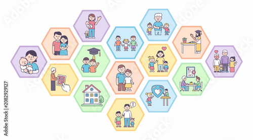 Diverse family and life illustrations in hexagons icons, modern flat design
