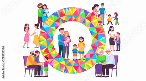 Diverse family embracing, colorful circle, unity generations, happy relationships