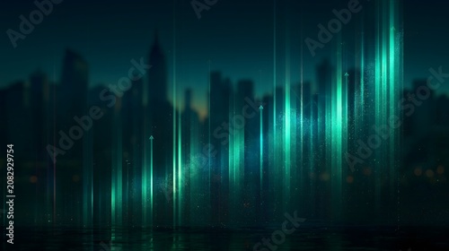 Financial growth technology concept, digital rising graph, futuristic economy visualization, glowing data streams, modern city background