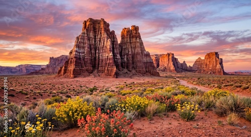 Sunset over desert landscape with vibrant wildflowers and rock formations