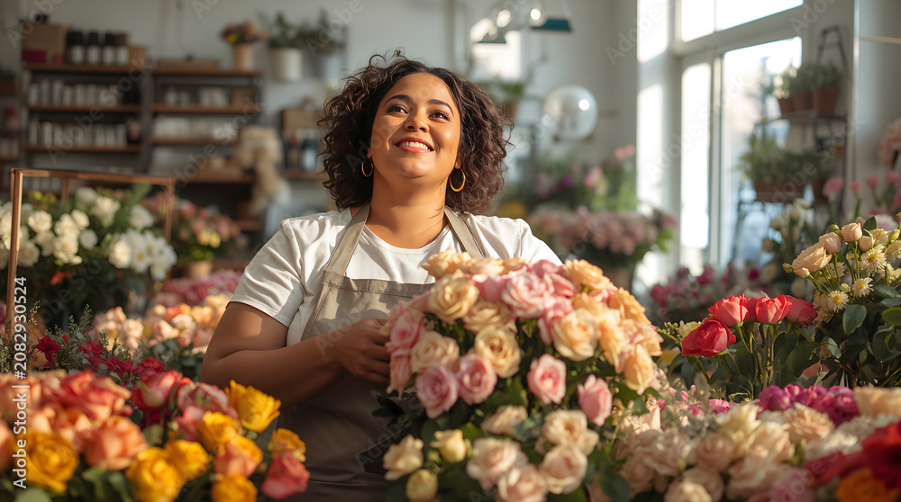 Fototapeta premium Plus-size woman arranging flowers in shop conveying welcoming radiant fresh vibrant positive creative mood generative AI