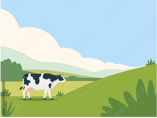 Holstein Dairy Cow Grazing in Peaceful Green Countryside Landscape with Rolling Hills Flat Vector Illustration