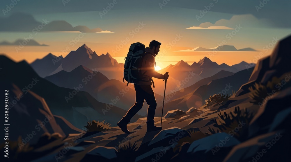 Obraz premium Silhouette of a Hiker Ascending a Mountain at Sunrise.