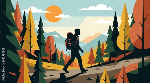 Silhouette of a Hiker Walking Through an Autumn Forest with Mountains in the Background.