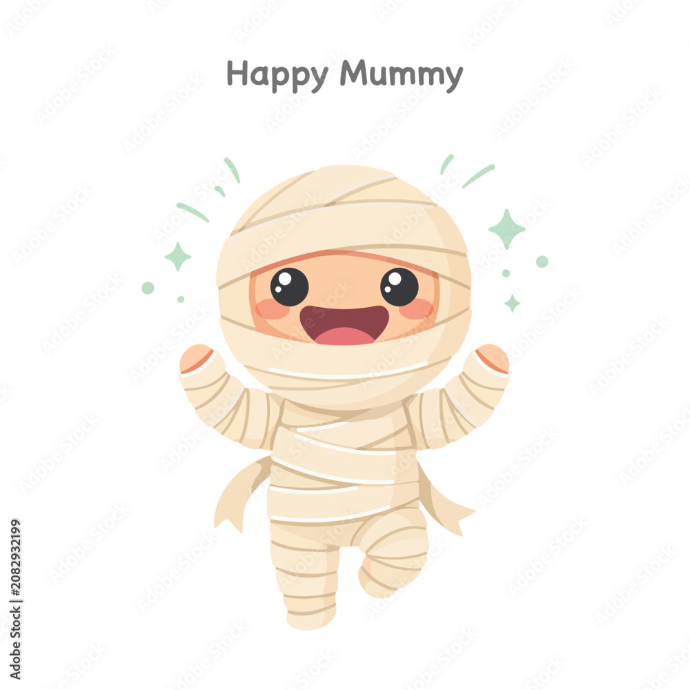 Fototapeta premium Cute happy mummy character for halloween celebration featuring a smiling bandaged figure with sparkling accents on white