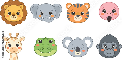 Canvas Print Cute Zoo Animals and Wild Jungle Safari Faces Vector Illustration Character Set