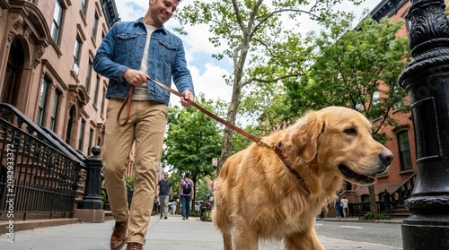Man walking golden retriever on city street