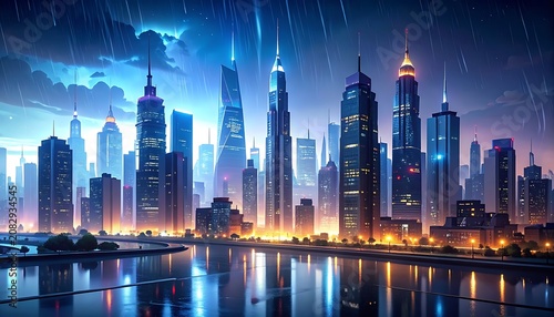 A futuristic city skyline at night with a body of water in the foreground