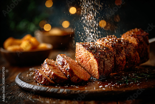 A brazilian traditional barbecue grilled rump cap on the stick, picanha steak churrasco style.