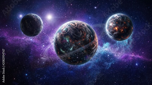 Three Alien Planets in a Nebula with Stars.