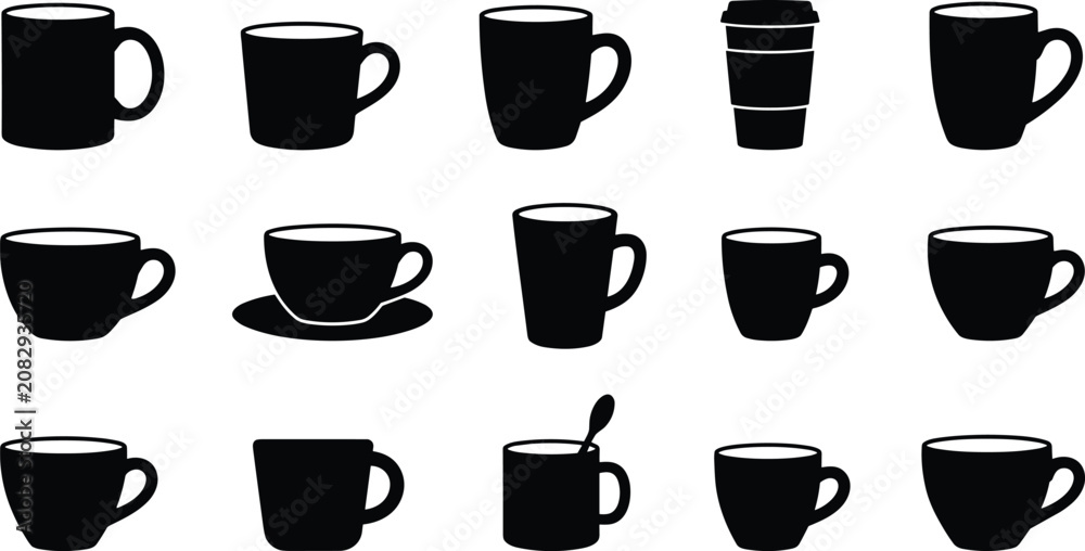 Fototapeta premium Coffee mug and teacup collection hot beverage kitchenware disposable cafe cup black silhouettes isolated icons set vector