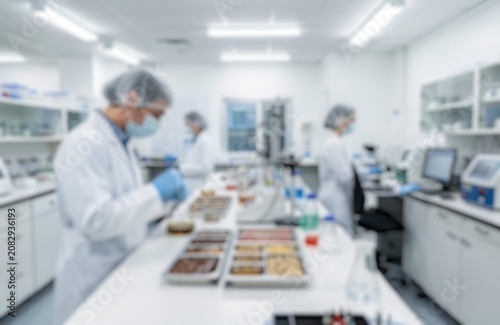 Blur image of a food research environment focused on nutrition and safety.