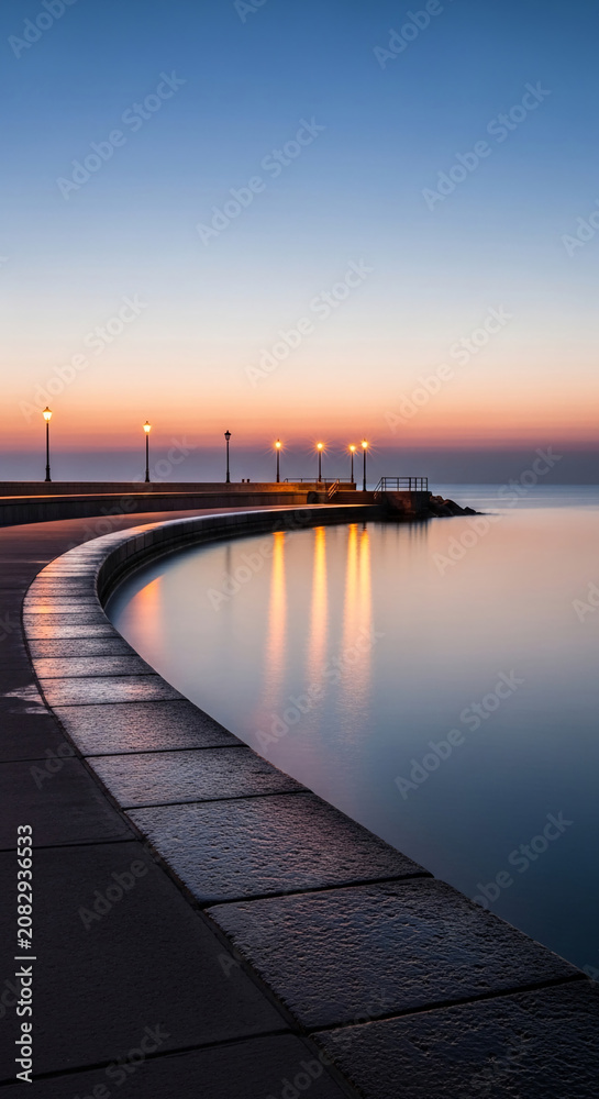 Fototapeta premium Serene coastal promenade at dusk with gas lamps reflecting on calm water, symbolizing tranquility, journey, and evening peace