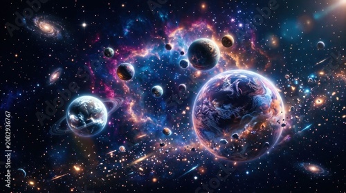 Vibrant Cosmic Nebula with Planets and Galaxies.