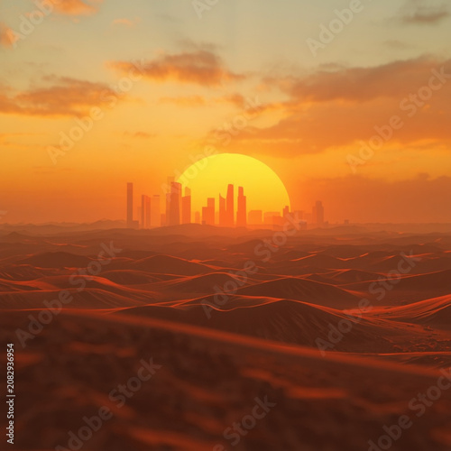 Conceptual illustration of a city skyline fading into a desert landscape under a warm sunset sky, generative AI
